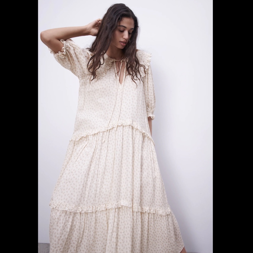 ZARA Floral Printed Muslin Midi Dress Ecru Beige - Picture 5 of 16